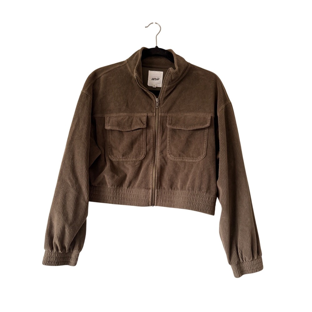 Fall Aerie Corduroy Jacket Medium Brown Olive Cropped Full Zip Mock Neck Utility